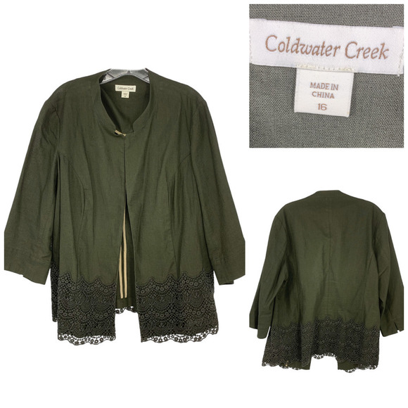 Coldwater Creek Sz 16 Olive Green Lace Trim Linen Blend Open Front Jacket Topper - Picture 1 of 8